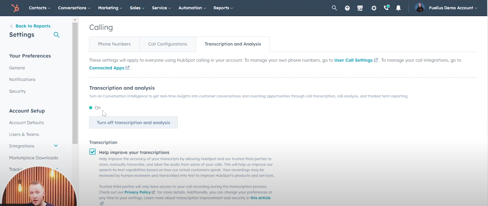 hubspot call tracking and transcription